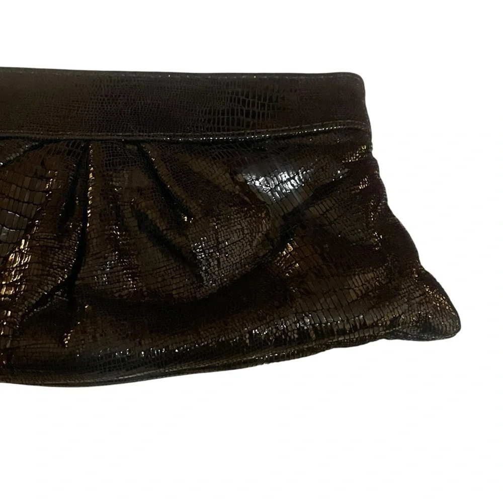 Lauren Merkin Black Shiny Faux Snakeskin Embossed Eve Leather Evening Clutch Bag